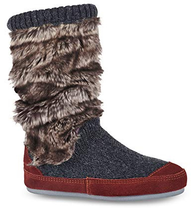 Acorn Women's Mid-Calf Slouch Boot Slippers, Memory Foam Comfort, Non-Slip Rubber Sole - Cozy House Shoes, Indoor/Outdoor Use, Charcoal Faux Fur, 8-9