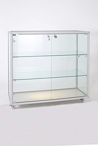 MHN Halbhohe Glasvitrine T 41,5 x B 78 x H 95 cm - breite Thekenvitrine Glas abschließbar - Flache Alu-Glas Verkaufsvitrine - Spiegel-Rückwand - ohne Beleuchtung