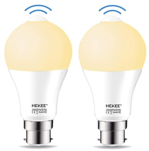 HEKEE Lampadina con sensore di movimento PIR, 9 W, B22, attacco a baionetta A60, bianco caldo 2700 K, equivalente a 60 W a incandescenza (confezione da 2)