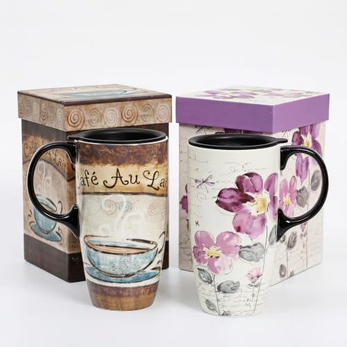 Topadorn 2 Pack Ceramic Travel Mug with Lid 17oz | Microwave & Dishwasher Safe, Spill-Resistant for Coffee Tea Hot Chocolate – Flowers