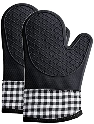 Oven Gloves Heat Resistant - Non Slip Silicon Kitchen Mitts for BBQ Cooking Baking Microwave Gauntle with waterproof (Black)