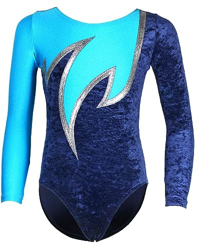 GymStern Turnanzug Java Spezial - Dunkelblau/Silber/Türkis – Mädchen Langarm Gymnastikanzug | Gymnastik-Trikot/Turnbody aus Samt für Turnen & Gymnastik mit Rundhalsausschnitt – Made in Germany