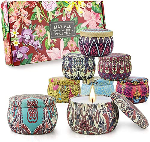 Bougies Parfumées 8 Pièces 1296g Cire de Soja avec Vanille Lavande Café Figue Parfum d'ambiance Aromathérapie Coffret Cadeau pour Maman ou Femme Anniversaire Saint Valentin 240 heures de Combustion