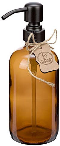 ALTGLAS Dispensador de Jabón 'Sarajevo' de Vidrio Marrón Botella 500 ml para Jabón Líquido y Loción con Cabezal de Acero INOX en Negro