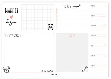 Him & I® - Schreibtischunterlage make it happen - Schreibunterlage aus Papier zum Abreißen, 50 Blatt, Malunterlage, To-Do-Liste, Wochenplaner