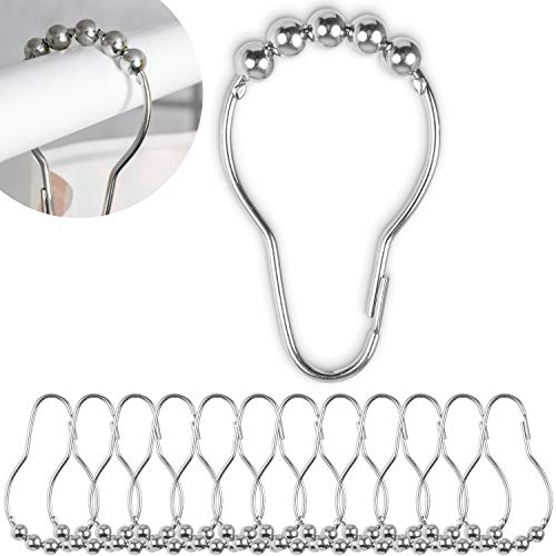 Duschvorhang Ringe, 12 Stück, in Silber-Farben, mit Kugel-Gleitsystem, 7 x 3,9 cm Größe, für Duschvorhangstangen, aus Edelstahl, Ring Duschgardine, Duschvorhangringe, Duschvorhang Haken, Metallringe