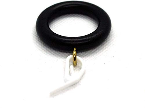 Anelli per tende in plastica nera effetto legno, diametro interno 30 mm, diametro esterno 45 mm, con occhielli dorati e ganci bianchi, ideali per aste da 22 mm (confezione da 10 anelli neri)