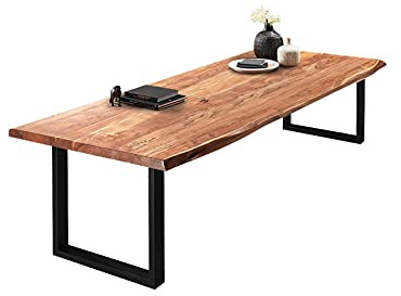 SAM Esstisch Valin 220x110 cm Akazie Natur Baumkante U-Gestell schwarz | Baumkantentisch massiv, Akazienholz naturfarben, 50 mm Tischplatte, Metallgestell, XL-Esszimmertisch