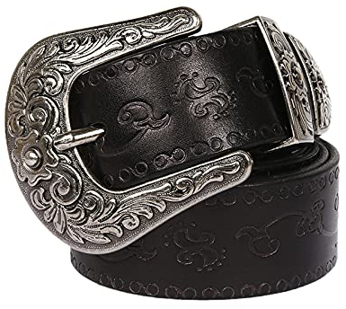 YDYBY Vintage Western Style Echtleder Gürtel für Herren Damen 105cm - 125cm Länge Fashion Embossed Pattern Nietengürtel für Oder Gothic-Outfits,Schwarz,110CM