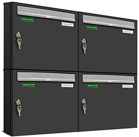 AL Briefkastensysteme Basic 4er Briefkasten RAL 7016 Anthrazit Grau/Einwurfklappe RAL 9006 Weiß Aluminium 4 Fach DIN A4 wetterfest mit Posthaltebügel und 2 Namensschildern