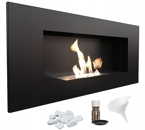 KRATKI Delta 2 Caminetto a bioetanolo + ciottoli + imbuto + set per aromaterapia | Installazione a parete o ad incasso l Biocontenitore 0,5 l, TÜV | Acciaio, 40 x 90 cm, nero