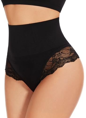 SURE YOU LIKE Shapewear Damen Bauchweg Unterhose Tanga mit Spitzen Miederhose Miederslip für Unterbauch Body Shaper String Figurformende Unterwäsche, Schwarz, M