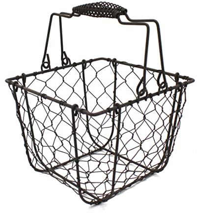 CVHOMEDECO. Square Chicken Wire Egg Basket Fruit Basket with Swing Handles Primitives Vintage Gathering Basket. Rusty