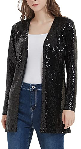 Anna-Kaci Women's Sequin Jacket Open Front Coat Blazer Party Cocktail Outerwear Cardigan, Black, Small