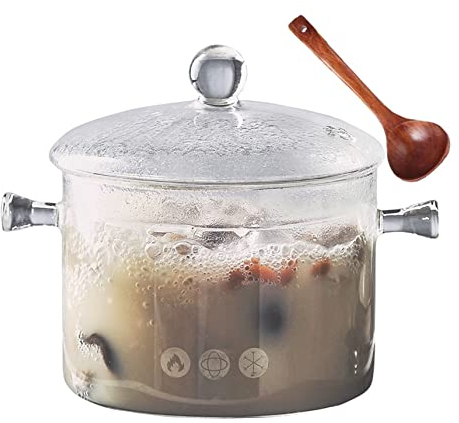 THUCHENYUC Simmer Pot Potpourri, Glas-Kochtopf Mit Deckel Hitzebeständiger Glas-Simmertopf Für Herdplatte Doppelgriff-Topf Mit Suppenkelle Für Nudelsuppe Milchtee (Color : A, Size : 1900ml)