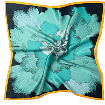 MayTree Seidentuch aus 100% Maulbeer-Seide - Quadratisch Pfingstrose türkis dunkelblau mit gelbem Rand 53x53 - Luxuriöses Damen Halstuch - Eleganter Bandana-Schal - Luxus und Komfort für Erwachsene