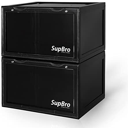 SupBro Sammelkiste – leicht zugängliche Aufbewahrungsbox für Schuhe, Kunststoff, faltbar, stapelbar, Sneaker, Display-Aufbewahrung mit reflektierendem Logo, Organizer, 2 Stück (schwarz)
