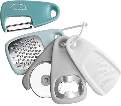 Wzxhew # Kitchen Unique Gadgets Set 5 Pieces Space Saving Cheese Grater Fruit Vegetable Peeler Pizza Cutter Garlic Grinder Gift Set (Light blue, One Size)