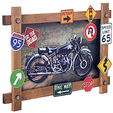 THERMOBRASS Motorradtafel USA mit Hinweisschildern, Vintage, Holz und Metall, Länge 60 cm