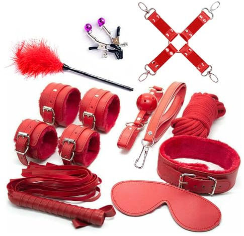 BDSM Set Sex Bondage Set Restraints Kit Adult SM Games Sex Toys10Pcs | Red Faux Leather Restraints HandCuffs Collar with Leash Nipple Clamps Fetish Whip Blindfold Ball Gag Cosplay For Couples