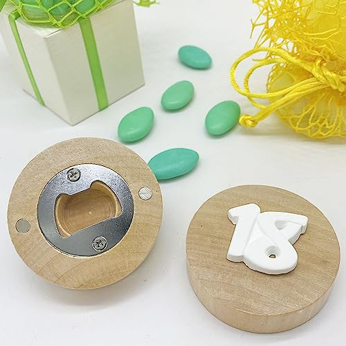 Doni Bomboniere 10 Apribottiglia Calamita in Bamboo Tondo di Colore Legno Naturale, con Applicazione gessetto Numero 18, Ideale per Compleanno 18 Anni