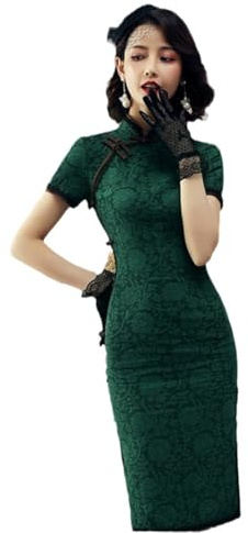 Chinesisches Kleid Für Damen – Spitzen-Cheongsam-Kleider, Spitzen-Vintage-Kleid, Schlankes Pfingstrosen-Qipao, Langärmlig, Grün, Chinesische Kleidung, Stil A, XL