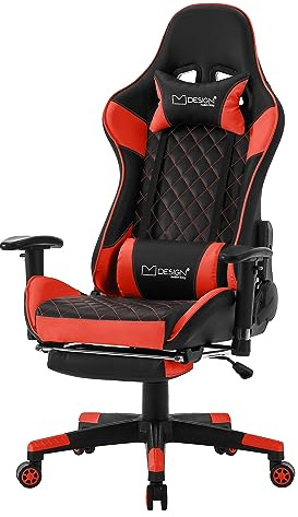 ML-Design Gaming Stuhl mit Fußstütze, Rot, Kunstleder, Ergonomischer Bürostuhl mit Armlehne, Kopfstütze, Lendenkissen, Drehstuhl verstellbar, Hohe Rückenlehne, Racing Gamer Stuhl Schreibtischstuhl