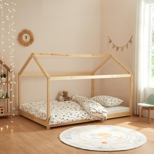 [en.casa] Children's Cerro 140 x 200 cm House Bed - Youth Montessori Bed, Solid Pine Wood, Slatted Frame