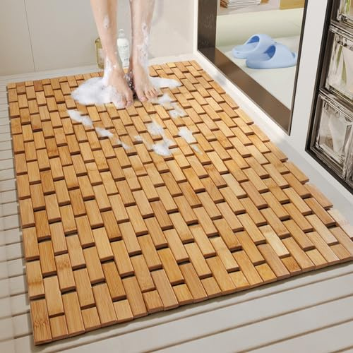 Liveinu Tapis de Douche antidérapant, Tapis de Bain en Bambou, Tapis de Bain en Bois, Plateau de Douche en Bois, Tapis de Baignoire de Spa, Kaki Foncé, 60x90cm