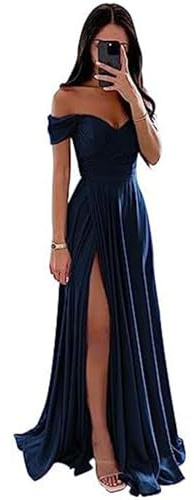 ECDAHICC Abito da damigella d'onore senza spalline per donna, in raso, con lungo spacco, elegante abito formale da sera, linea ad A, per matrimoni e feste, blu navy, M