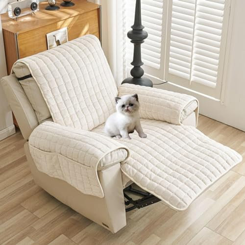 YSZBD Sesselschoner Sesselauflage Sesselbezug rutschfest ，Armlehnenschoner Fernsehsessel Bezug Relaxsessel BezüG FüR Zuhause Mit Kindern Und Haustieren Hund,beigewithpockets-1Sitz(53 * 190cm)