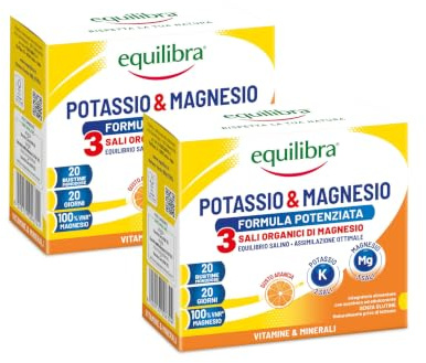 Equilibra Magnesio e Potassio 3 Formula Potenziata, 40 Bustine, Arancia | 3 sali organici di magnesio per Reintegro Sali Minerali, Senza Glutine e Senza Lattosio