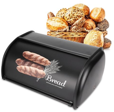 WPKD BLUEIY Bread Box, Large Capacity Food Storage Container Stainless Steel Bread Bin Holder with Display Window for Home Kitchen Counter Storage Organizer (Black)