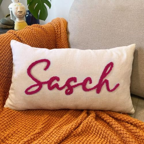 Hilldesign Customized Embroidered Name Linen Throw Lumbar Pillows, Personalized Monogrammed Names Pillow, Custom Natural Linen Farmhouse Boho Pillow Case Gifts (12X20)