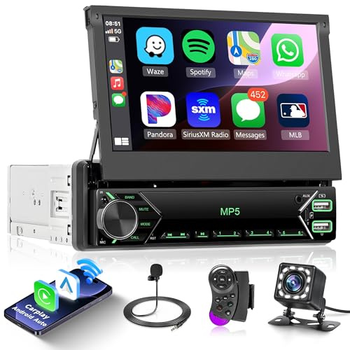 Wireless Carplay Autoradio 1 Din avec Android Auto Bluetooth 7 Pouces Écran Rétractable Manuellement Autoradio avec Mirror Link FM Radio USB/EQ/AUX/Type C Commandes au Volant Caméra de Recul
