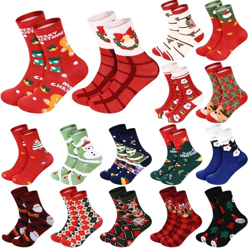 16 Paare Weihnachten Socken Christmas Socks Lustige Gestrickte Wadensocken Bunte Unisex Weihnachtssocken für Damen Herren Winter(Klassischer Stil)(Klassischer Stil)