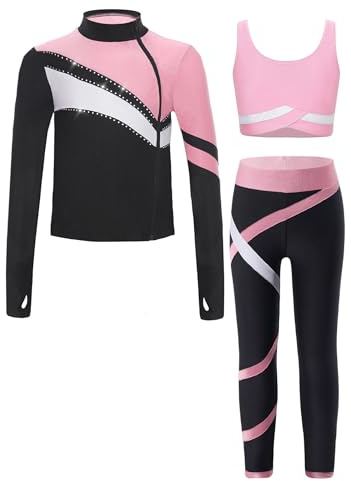 RUNQHUI Mädchen Sportanzug aus Sweatshirt +Sport Bh +Sport Leggings Sporthose Trainingsanzug Kinder Jogginganzug Gym Fitness Workout Rosa 146-152