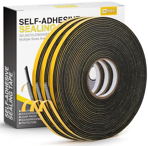 Inwee Guarnizione Finestra Autoadesiva, 3 Rotoli 6x1.5mm Guarnizione in Schiuma per Porte e Finestre, Resistente alle Intemperie, Anti-Collisione, Isolamento Acustico, Lunghezza Totale 20M, Nero