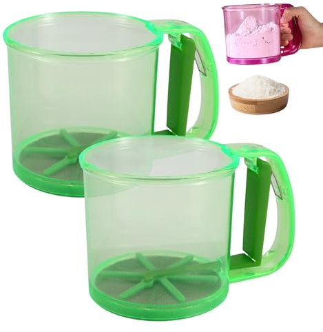 Mafagwre 2Pcs Flour Sifter - Plastic Hand Held Flour Sifter with Scale, Flour Shaker Cup with Hand Press Design, Large Capacity Baking Sieve Cup for Icing Sugar Cake Flour (Green)