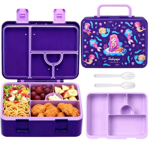 rockpapa 5.5 Cups Bento Lunch Box for Kids, 5-Compartment, Mermaid | BPA-Free, Leak Proof, with Utensils & Handle, Microwave Safe, Dishwasher Safe, for School, Picnic, Boys, Girls