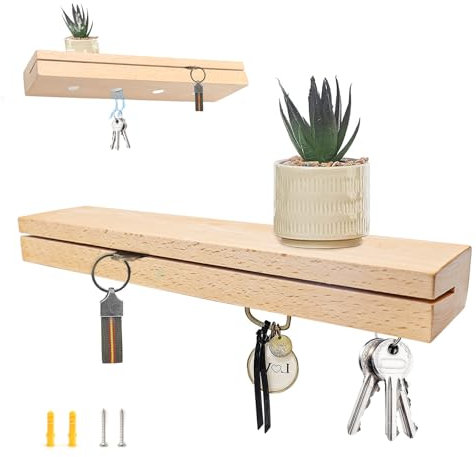 WJUAN Schlüsselbrett Magnetisch aus Eiche - Magnetischer Schlüsselhalter mit DIY-Schlitz & Montagezubehör (2 Dübel + Schrauben)