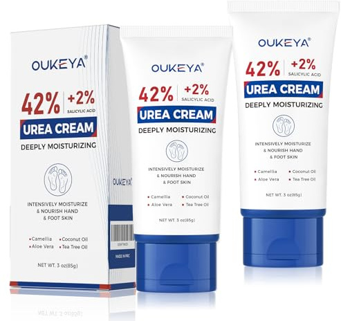 OUKEYA Crème Intensive Pieds & Mains 42% Urée, Anti-Crevasse, Peaux Très Sèches et Abîmées, Hydratant et Réparateur, Adoucit les Callosités, Soin Nourrissant, Tube 2 x 85g