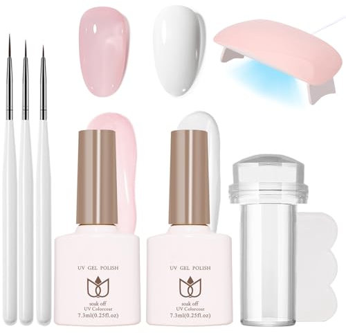 French Manicure Kit, White and Jelly UV/LED Soak-Off Nail Art Set with UV/LED Lamp and Nail Stamper, Gel Nail Polish Set for French French Tips Manicure DIY at Home (Pink)