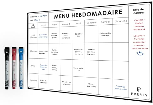 PREVIS Planificateur de Menus A4 (21x29cm) Inclus 3 Marqueurs Magnétiques de Couleur- Menu Semaine Frigo Magnetique - Tableau Magnetique frigo avec Petit Déjeuner, Dîner, Collation - Idéal familles