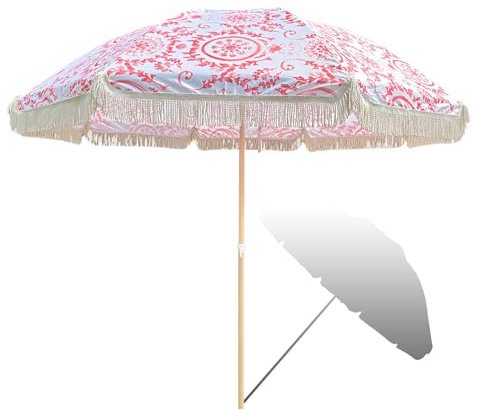 Ombrellone da Spiaggia Boho da 240 Cm con Frangia, Ombrellone da Giardino Portatile per Esterni Anti UV, per Balcone, Mare, Piscina