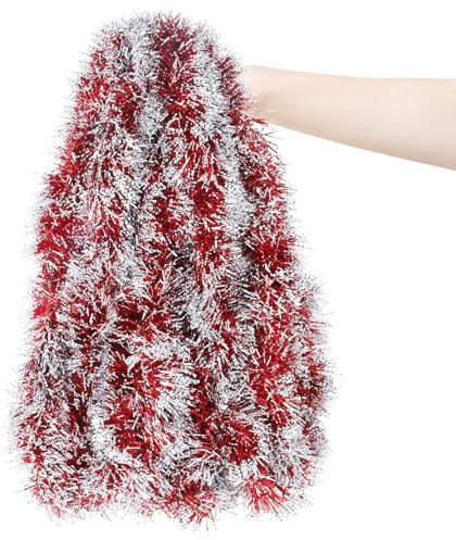 10M Christmas Red Tinsel, Chunky Xmas Tinsel Garland for 7 feet Christmas Tree, Fireplace, Stairs, Wreath, Doorway, Window, Table Centerpiece, Xmas Party Supplies(Red and White)