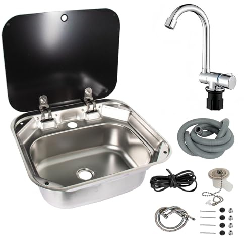 Campervan Sink with Folding Faucet, 42 * 37 * 15CM Stainless Steel Single Bowl Hand Wash Basin Sink with Lid, Space Saving RV Sinks for Camper Van and Motorhome