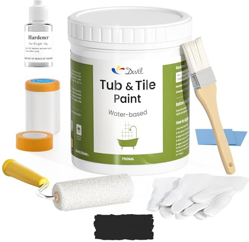 DWIL Badewannenlack Schwarz, Wasserfeste und Kratzfeste Fliesenfarbe, Einfach Zu Bedienen Badewannen Reparaturset Weiß, Geeignet für Waschbecken Badezimmer Küche, 50-55sq.ft Tub Paint