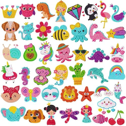 Noaxylic 44 Stück Diamond Painting Kinder, Diamond Painting Sticker, DIY Diamant Aufkleber Kit, Cartoon Diamantmalerei für Kinder, Diamant Malerei Kits mit Werkzeug, für Kits und Erwachsene Anfänger