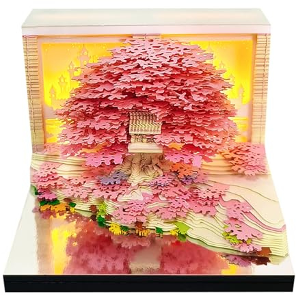 3D-Kalender 2027, Schreibtischkalender mit LED-Licht, Abreißbares Kreatives Memo für Büro & Heimdekoration, Papierschnitzkunst-Haftnotizblock für Weihnachts- und Neujahrsgeschenke (Bauminsel - Rosa)